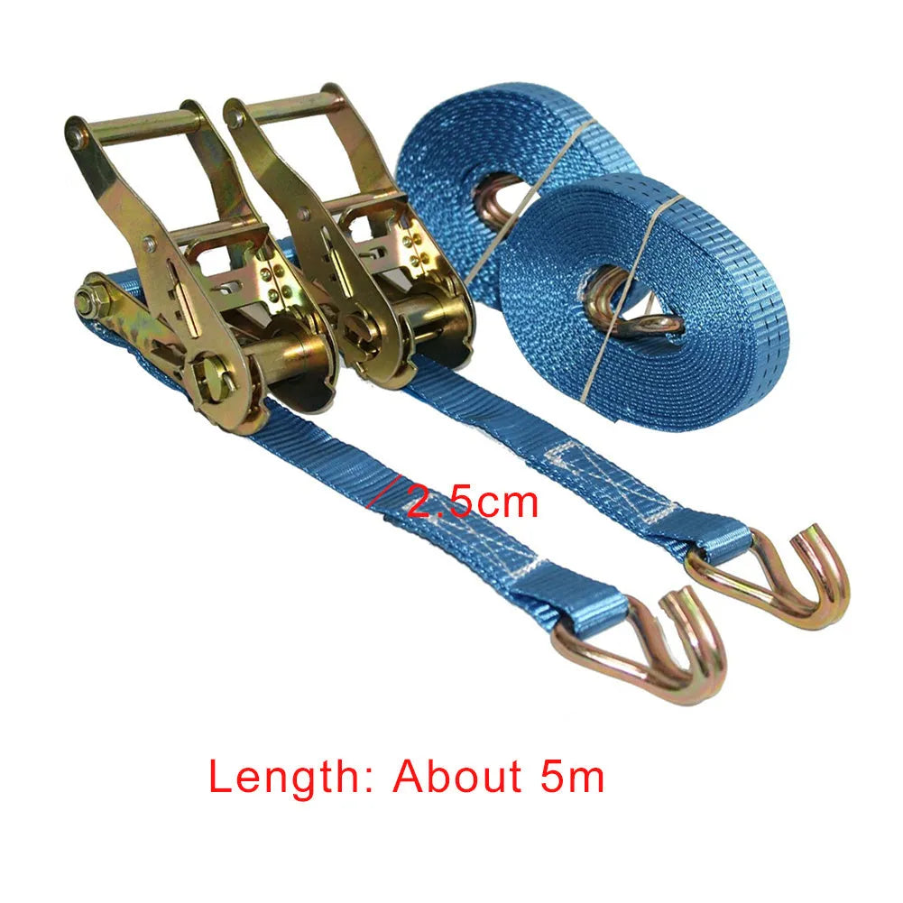 Steel ratchet tensioner fastening strap with double hooks and 1-inch wide grey polyester webbing.