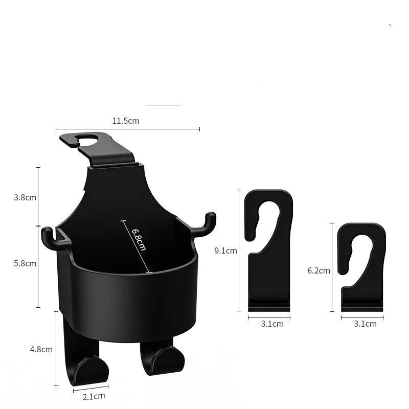 Black plastic car seat back organiser with cup holder and hook, mounted on a car headrest.