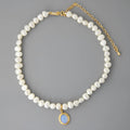 925 sterling silver necklace with geometric round medal pearl pendant on an adjustable chain.