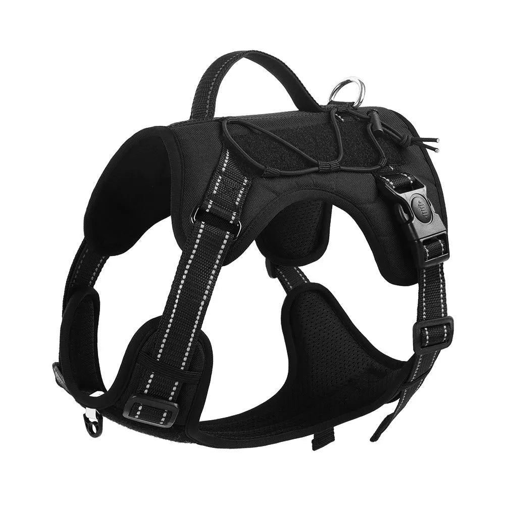Orange reflective dog harness with explosion-proof hand holding rope on a medium-sized dog.