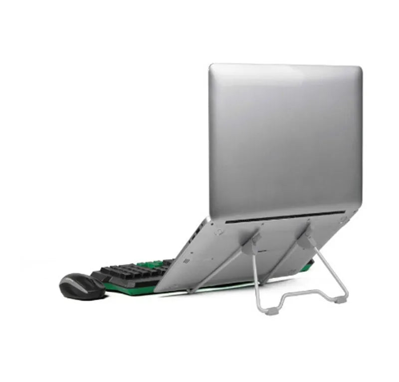 Grey aluminium and plastic universal stand holding a mobile phone and a laptop on a desk
