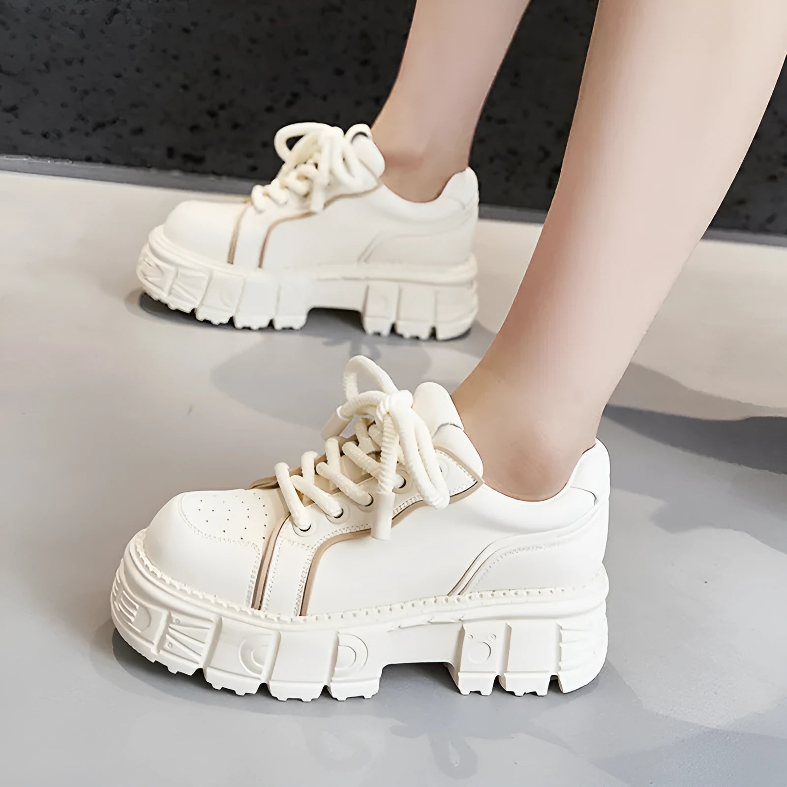 Women's beige and pink casual leather shoes with a height-increasing sole.