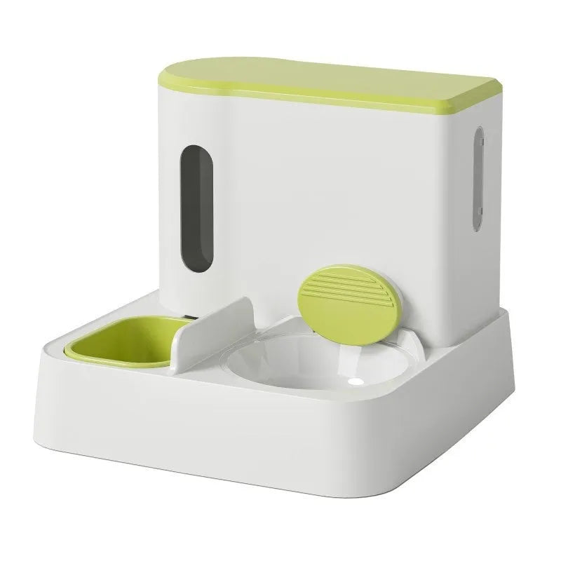 Cat automatic feeder water dispenser with integrated double bowl system in grey, yellow or green