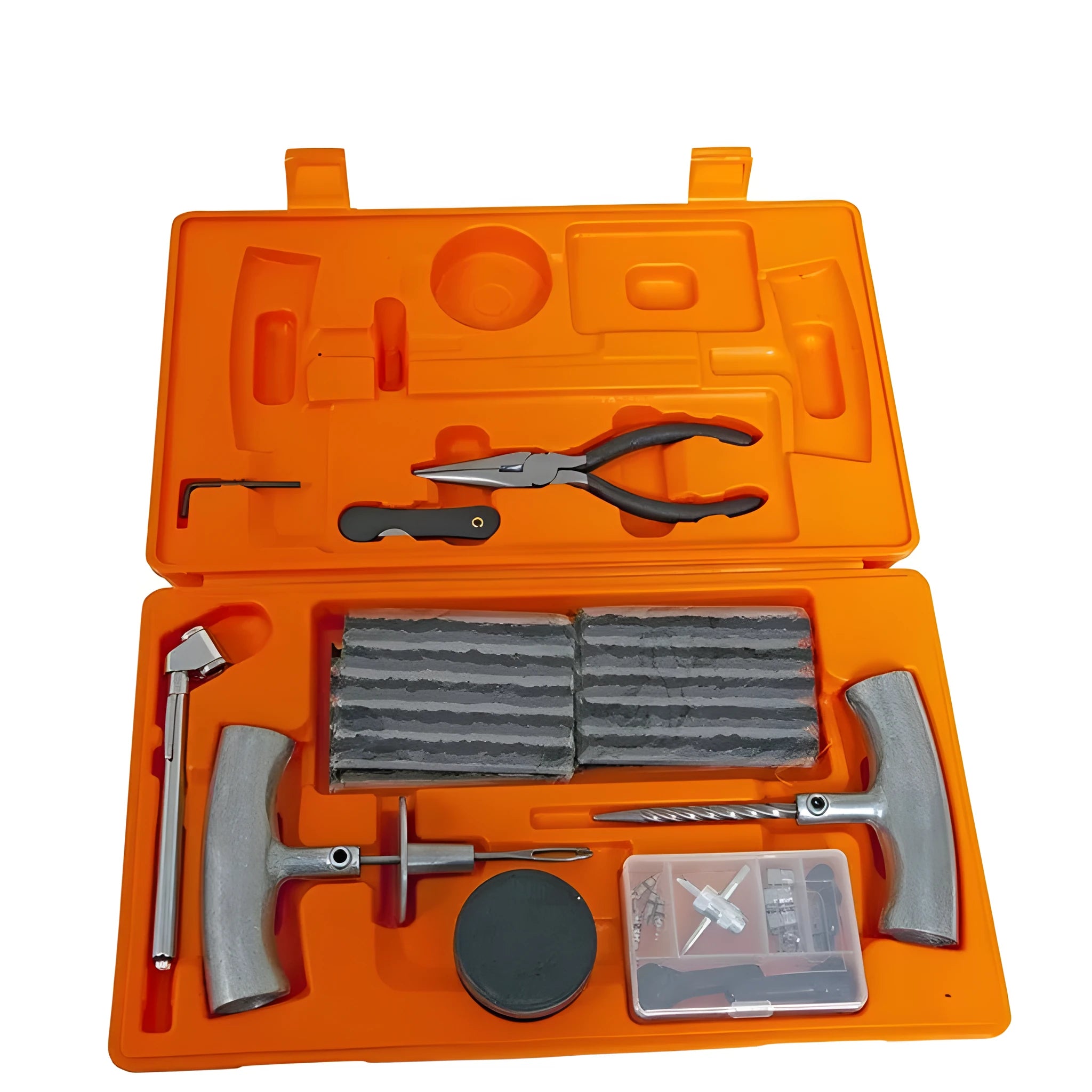 Speedy Seal emergency tyre repair tool kit with pressure gauge in high-visibility case