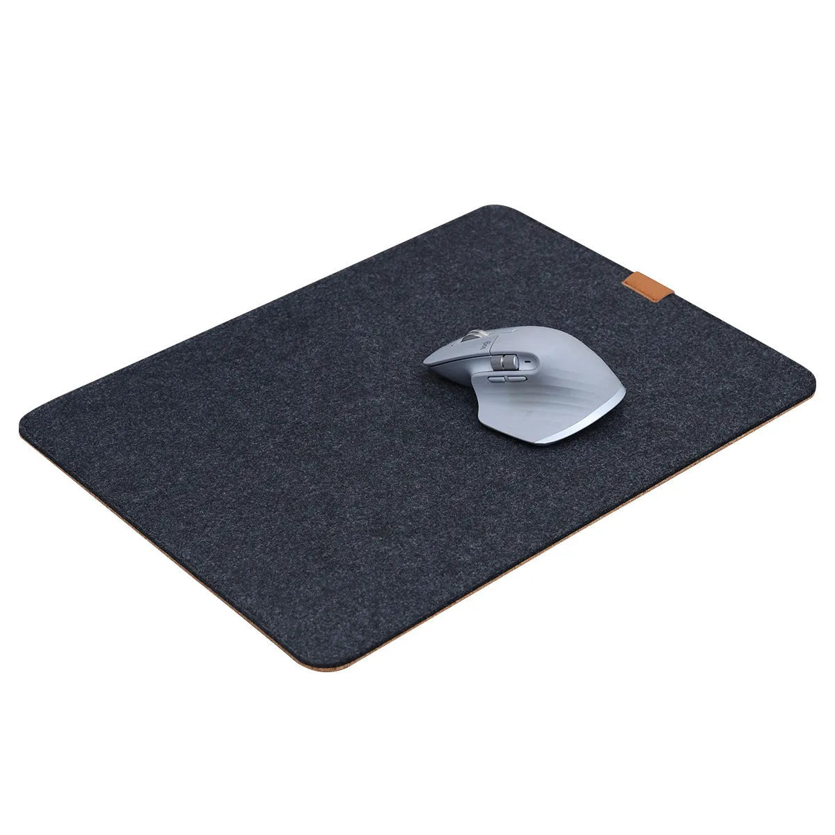 Oversized felt cork desk mouse mat in black and grey pattern, shown on a wooden desk.