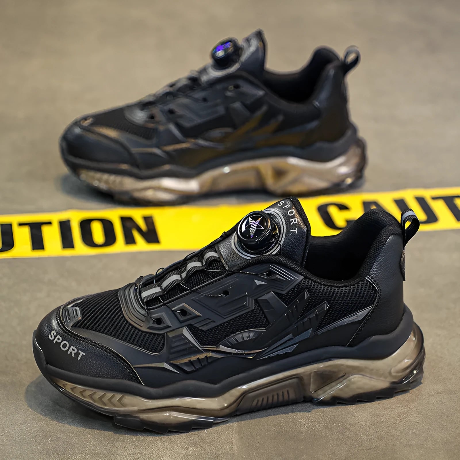 Men's black casual shoes with rotating button fastening and elevator platform soles