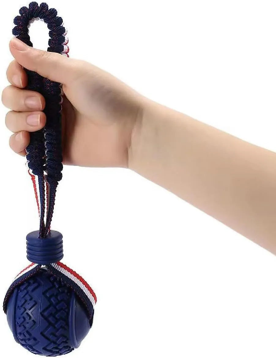 Blue rubber dog ball with rope attachment measuring 29cm long for small breed dogs