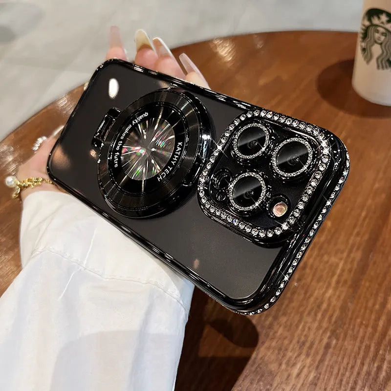 Magnetic bracket rhinestone frame phone case for Apple iPhone in transparent silicone with decorative rhinestones