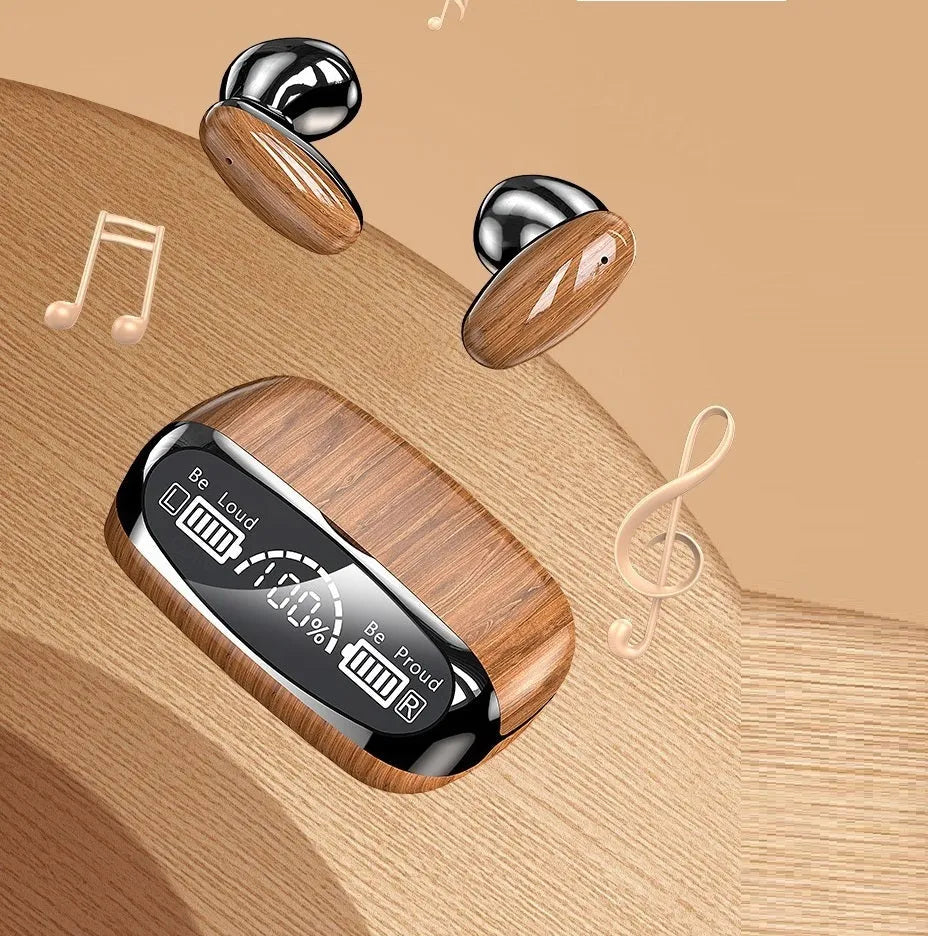M35 wood grain Bluetooth wireless earphones with charging case on display