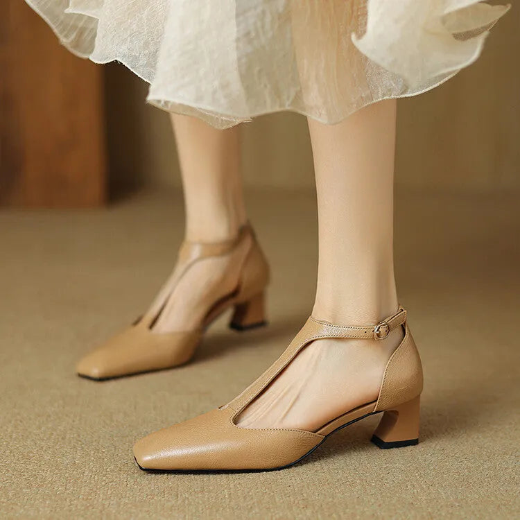 Wine red women's square toe chunky heel shoes with buckle, made from sheepskin leather.