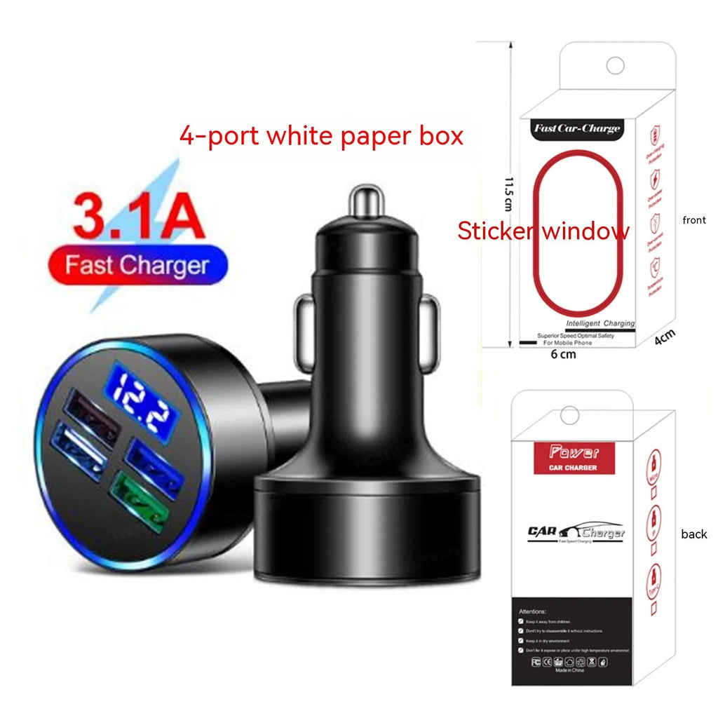 Black multi-port USB car charger with four ports and cigarette lighter plug for vehicle use
