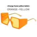 Large square sunglasses in black, blue, orange, white, champagne, green, and hawksbill frame colours.