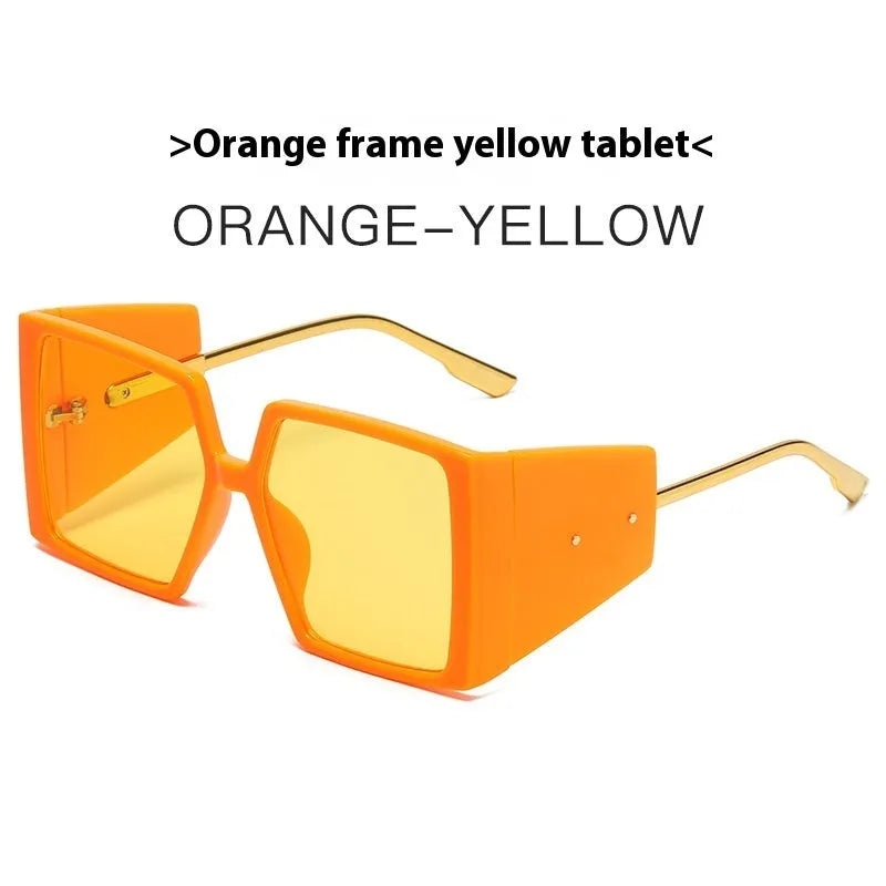 Large square sunglasses in black, blue, orange, white, champagne, green, and hawksbill frame colours.