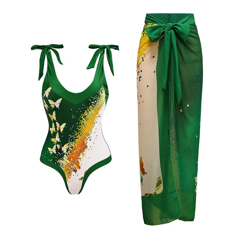 Women's solid colour spaghetti strap one-piece swimsuit with a matching skirt