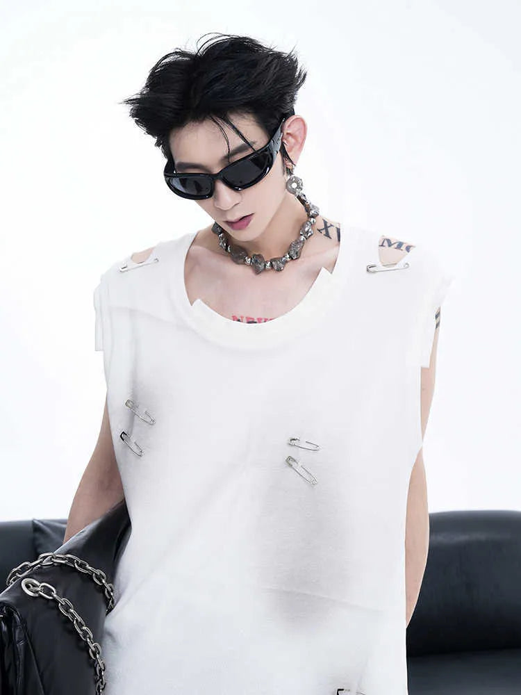 Men's black sleeveless waistcoat vest with irregular ripped cutting details and round neck collar