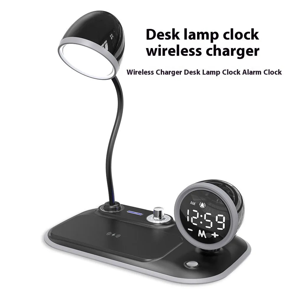 White three-in-one desk lamp with digital clock display and wireless charging surface