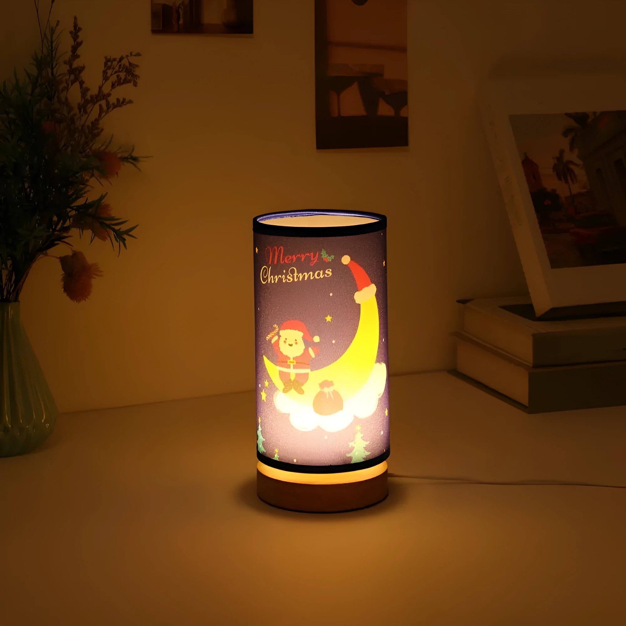 Moon Santa Claus shaped LED night light with USB plug cable and bamboo lamp holder.