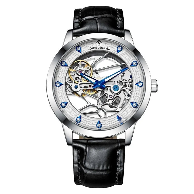 Men's mechanical watch with silver case, white dial, blue luminous hands, and black leather strap