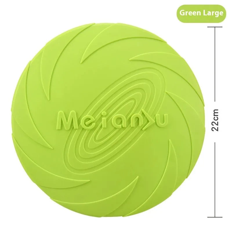 Soft rubber dog frisbee toy in blue, green, or red, shown in small, medium, and large sizes.