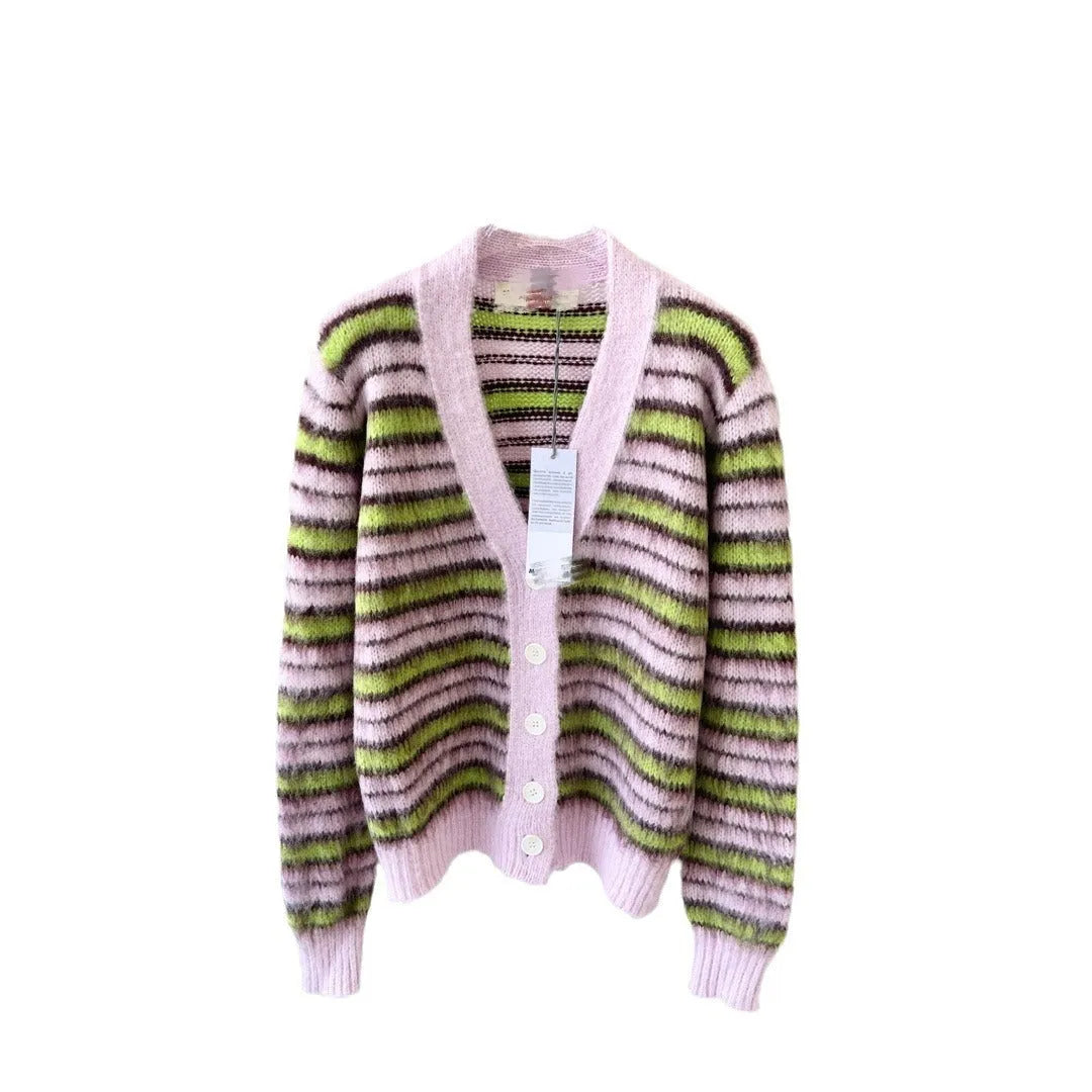 Pink wool knitted cardigan sweater in round-neck pullover and cardigan styles with contrast colour detailing