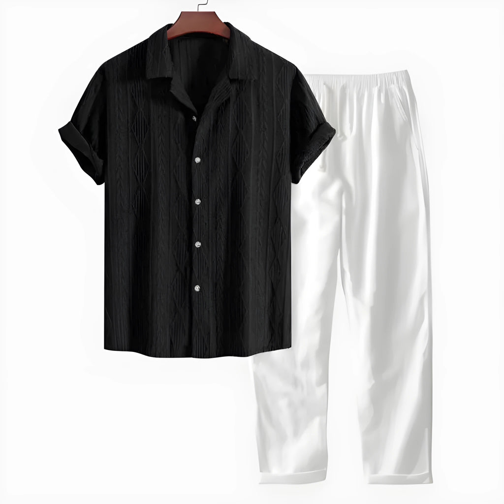 Camouflage printed short-sleeve shirt and trousers casual suit set on a hanger.