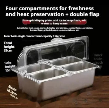 Stainless steel commercial dining plate display box with lid and multiple compartment configuration options