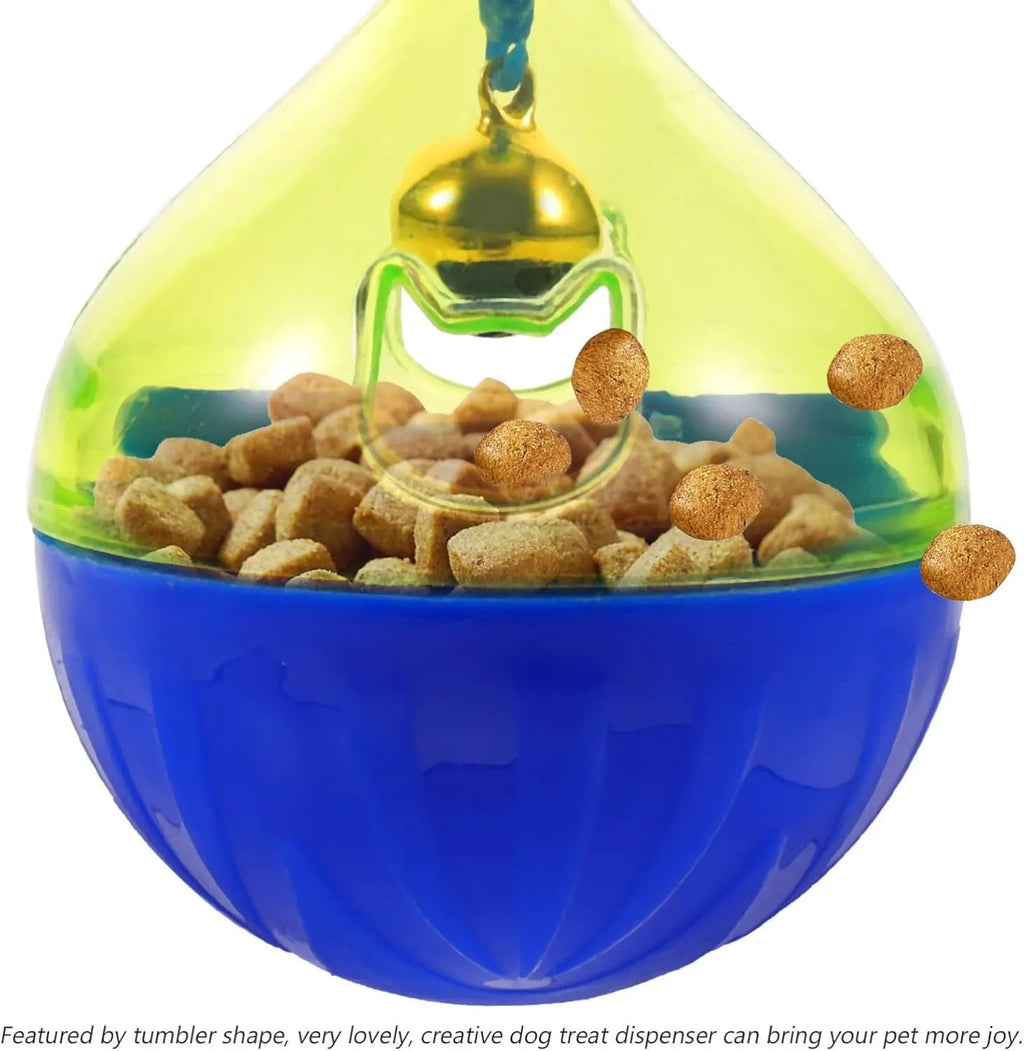 Interactive pet treat dispenser tumble ball toy measuring 14x10x10cm for dogs and cats