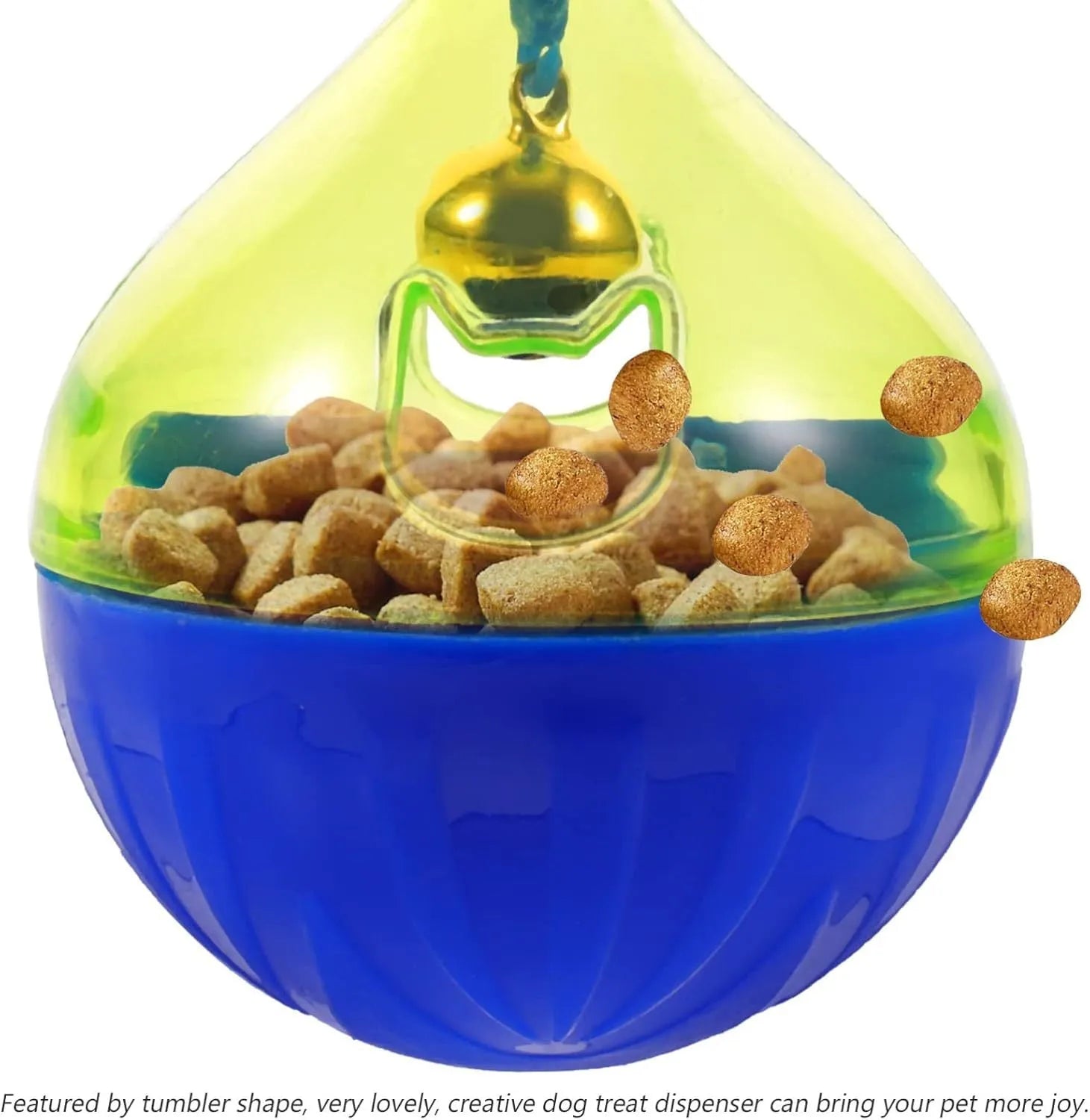 Interactive pet treat dispenser tumble ball toy measuring 14x10x10cm for dogs and cats