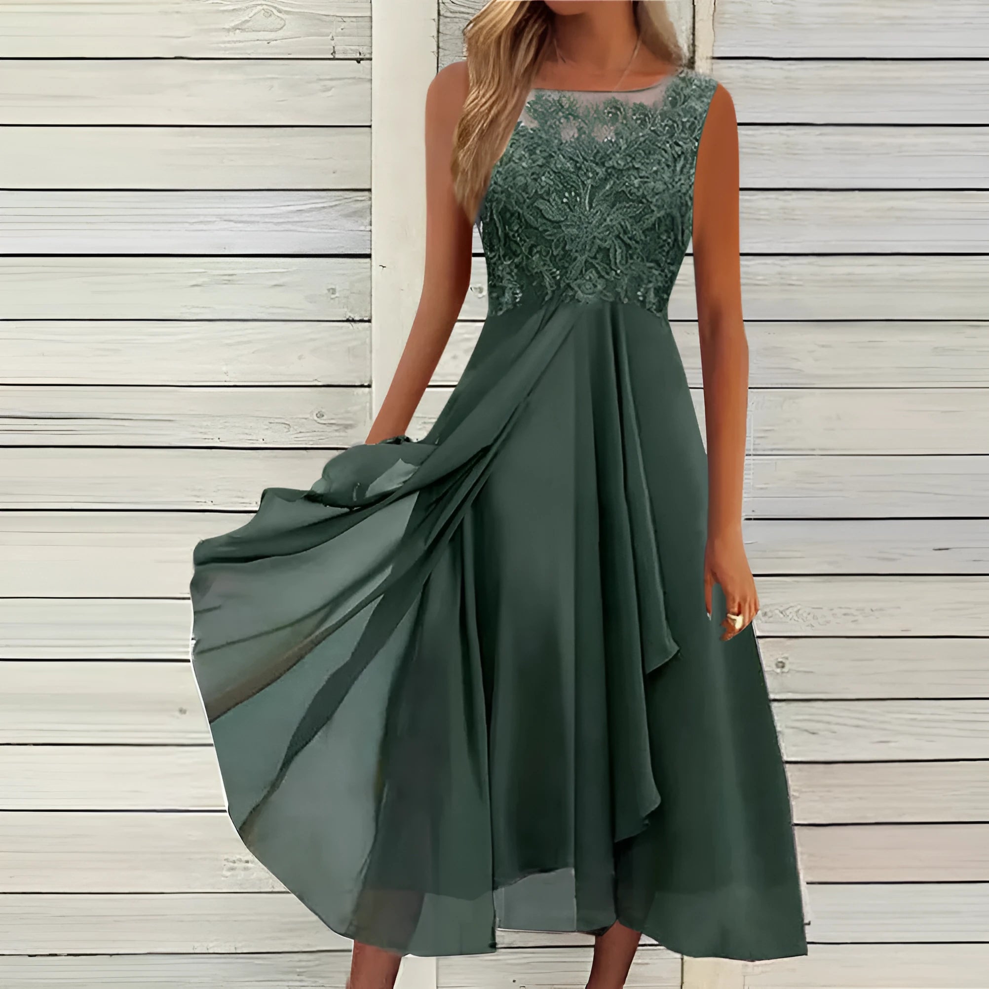 Women's sleeveless chiffon dress with lace hollow-out stitching in princess style