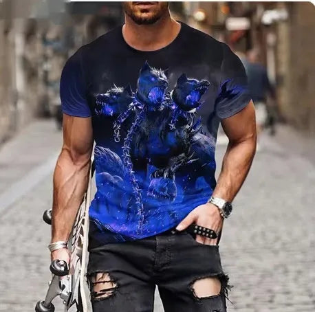 Men's grey t-shirt featuring a large, detailed 3D lion face print on the front.