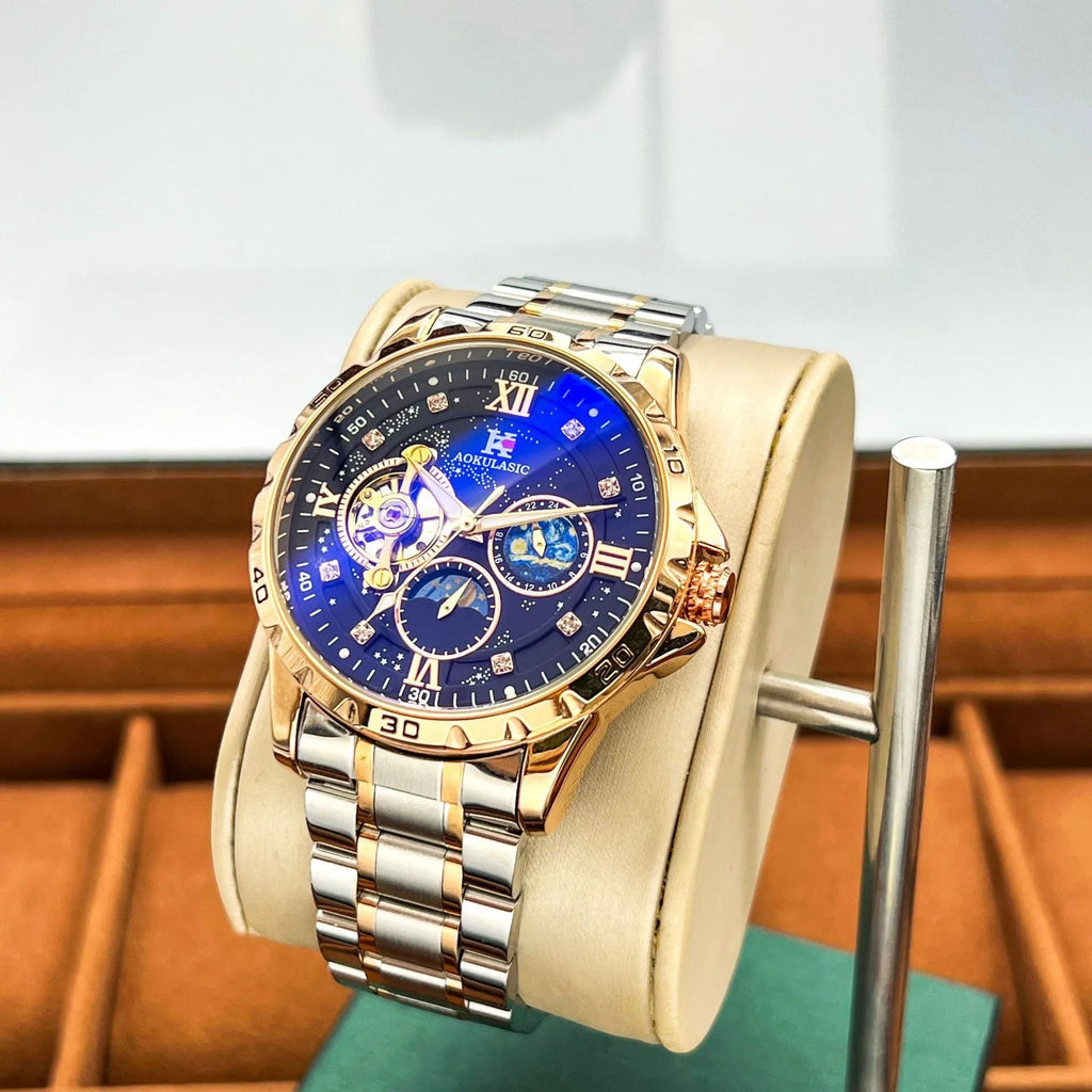 Rose gold automatic mechanical men's watch with black dial and stainless steel bracelet
