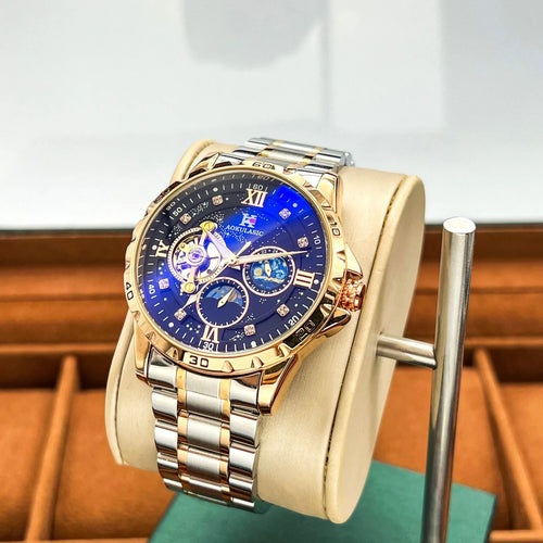 Rose gold automatic mechanical men's watch with black dial and stainless steel bracelet