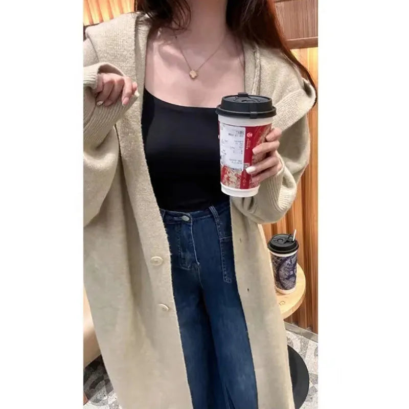 Korean style women's hooded knitted cardigan in wool blend fabric with below-knee length