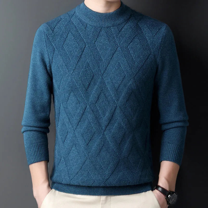 Men's diamond jacquard knit winter pullover sweater in a wool and polyester blend.