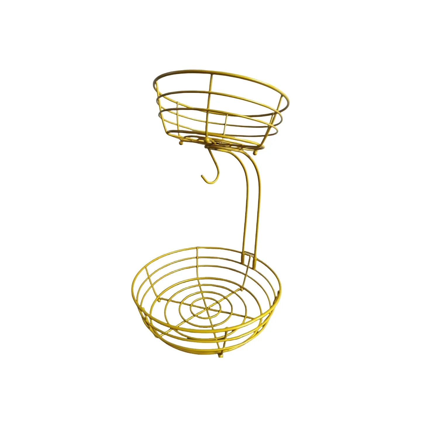 Black wrought iron double-layer fruit basket with two storage tiers for organising fruits and vegetables