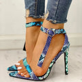 Blue women's stiletto heels with hollow out design and buckle closure in large sizes 34-43