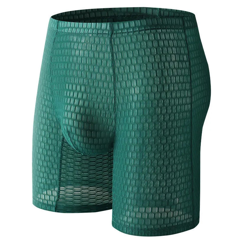 Men's solid colour lace boxer shorts with a hip-lifting fit on a size chart.