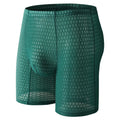 Men's solid colour lace boxer shorts with a hip-lifting fit on a size chart.