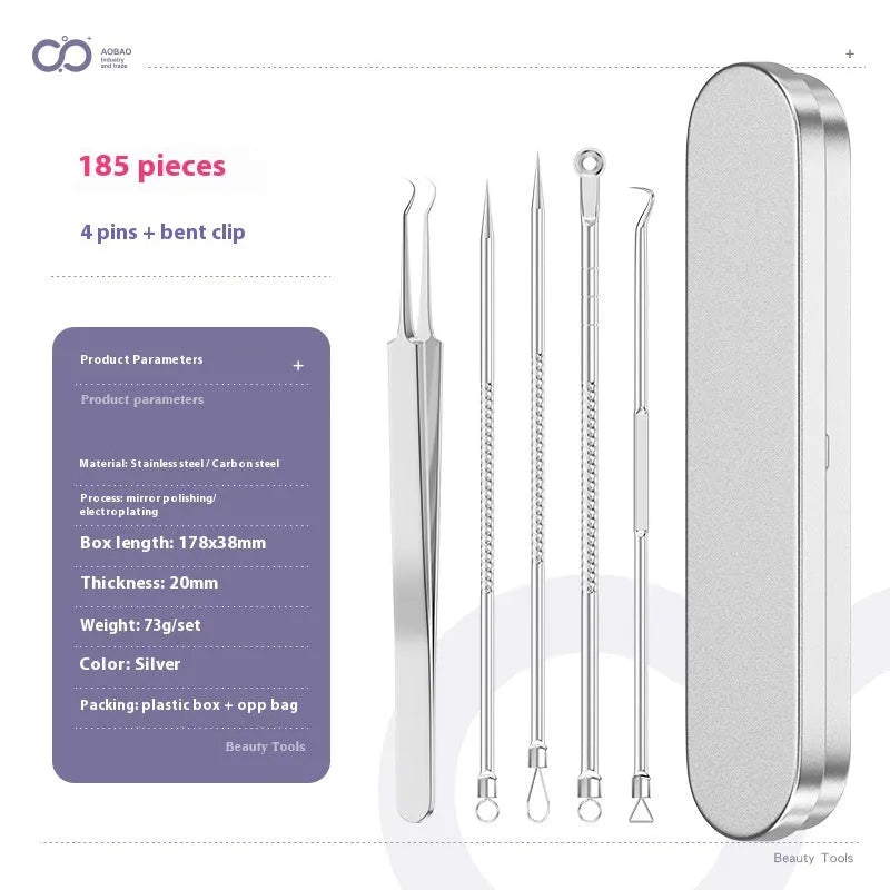 4-piece metal acne needle set with ultra fine pointed tips on silver background