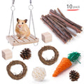 Assortment of natural wooden pet toys including straw mattresses, woven balls, and chew balls for small animals.