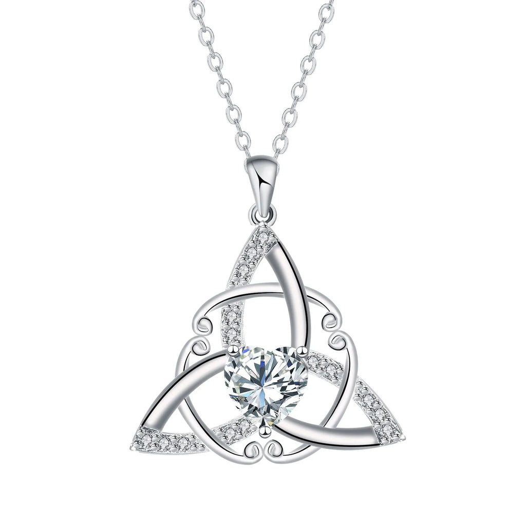 Women's geometric Celtic knot pendant necklace in copper with electroplated blue finish