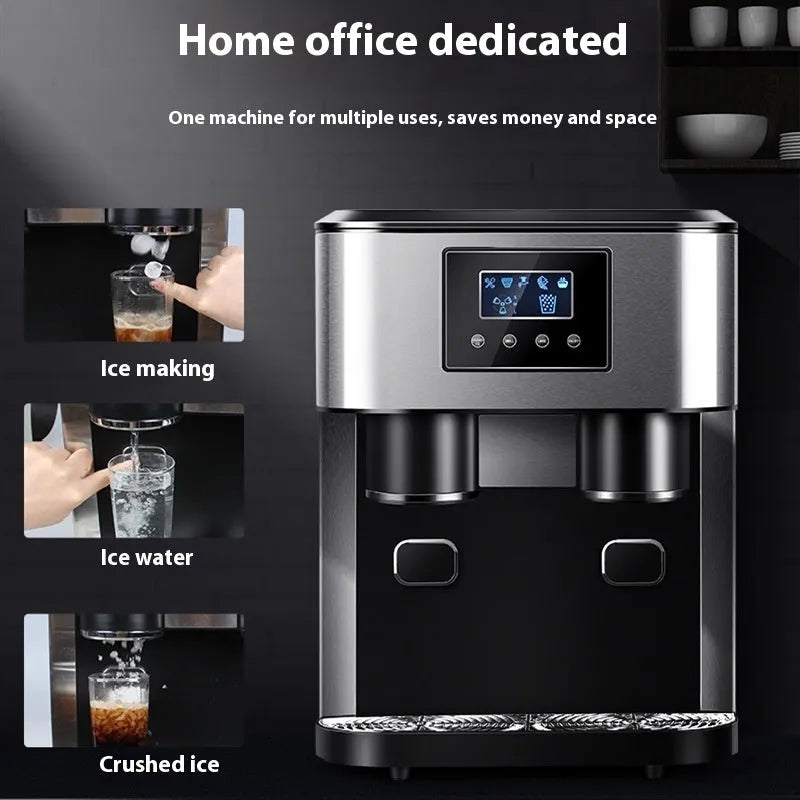 Black desktop ice maker with stainless steel trim showing ice production and water dispensing functions