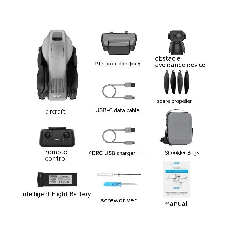 White folding quadcopter drone with 4K camera and obstacle avoidance sensors, shown with remote controller and shoulder bag.