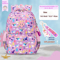 Blue children's waterproof school backpack with dinosaur print and curved shoulder straps