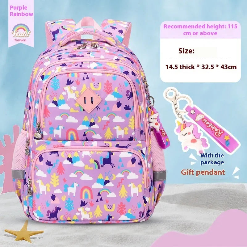 Blue children's waterproof school backpack with dinosaur print and curved shoulder straps