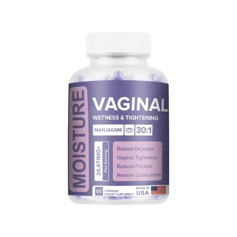 Bottle of vaginal capsule supplement containing 60 capsules for adult women