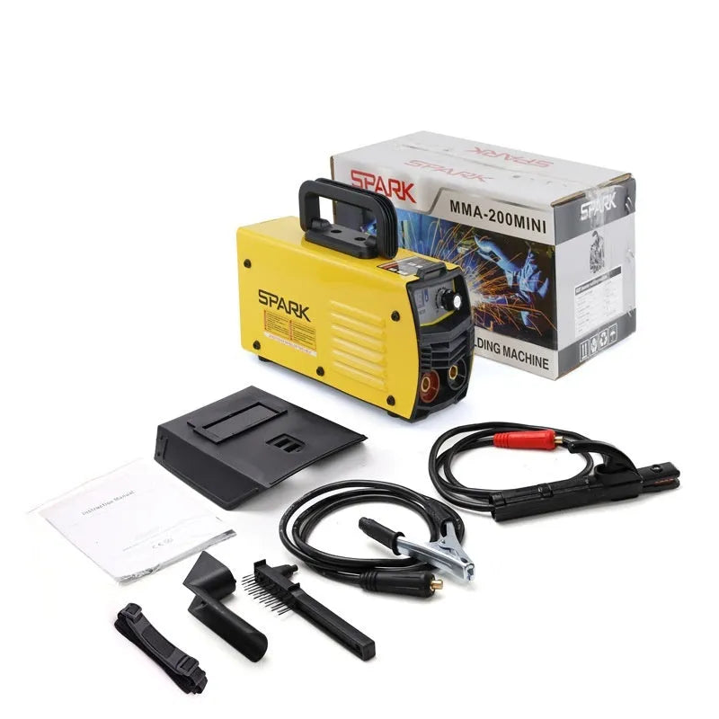 MMA-200MIN DC welding machine with welding tongs, grounding clamp, face shield and brush hanger