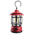 Portable camping lantern in dark green, black, or red with battery power options