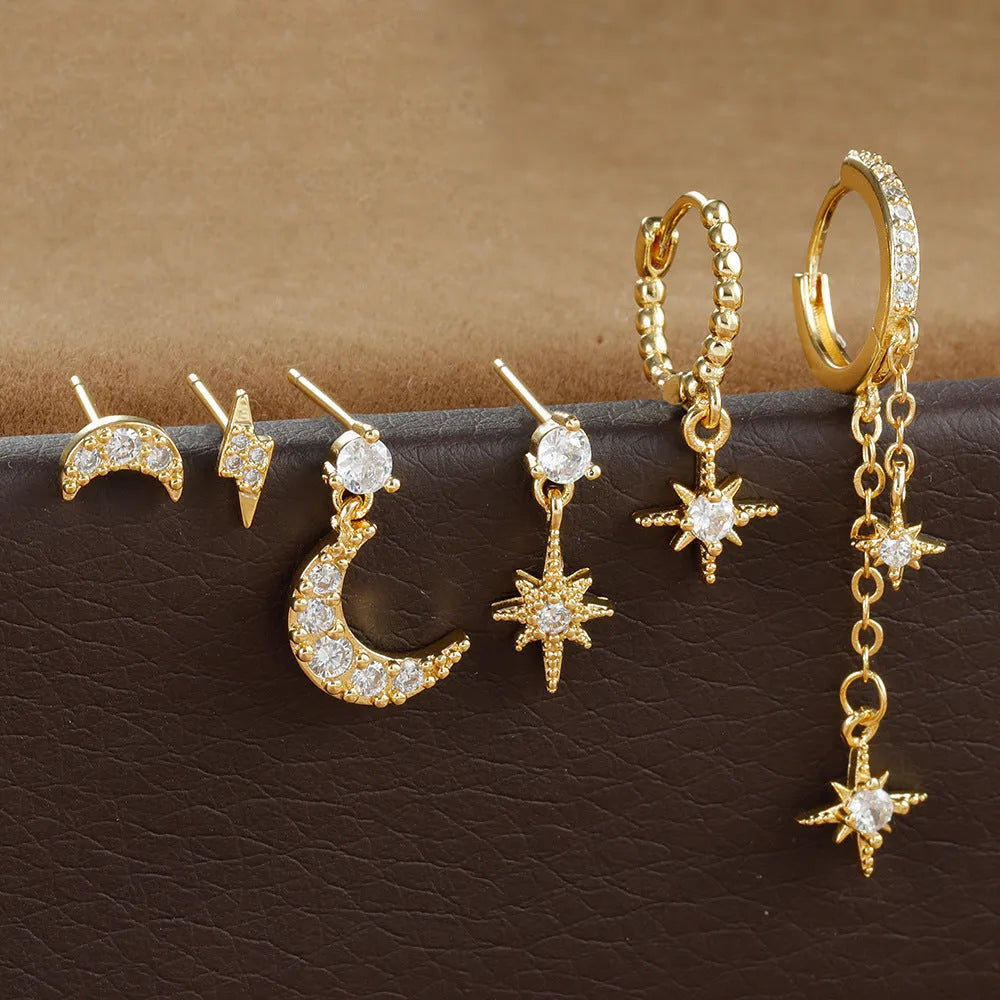 Gold chain tassel earrings with zircon stud details - six-piece set for women