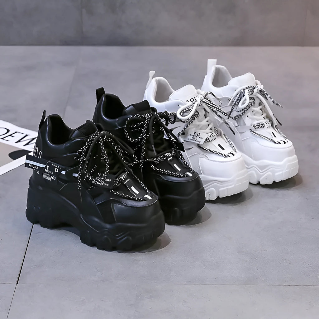 Women's black and white mesh platform sports shoes with cross strap and 6-8cm heel